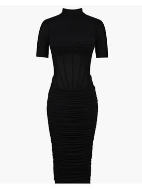 NEW, House of CB Sorrel Corset Stretch Mesh Midi Dress in Black Sz M #MD1714